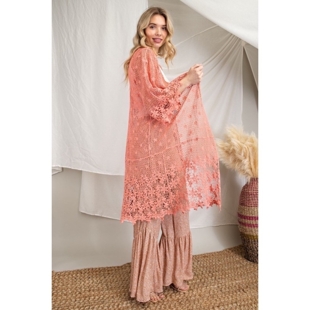 143 Story Coral Floral Crochet Open Front Cardigan - Picture 3 of 5